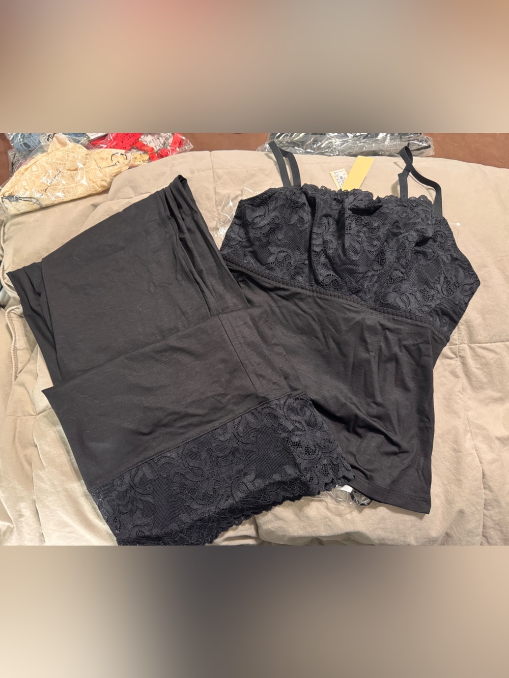 Black Lace Cami and Pants Pj Set Women's Seamless Slip - Cosabella